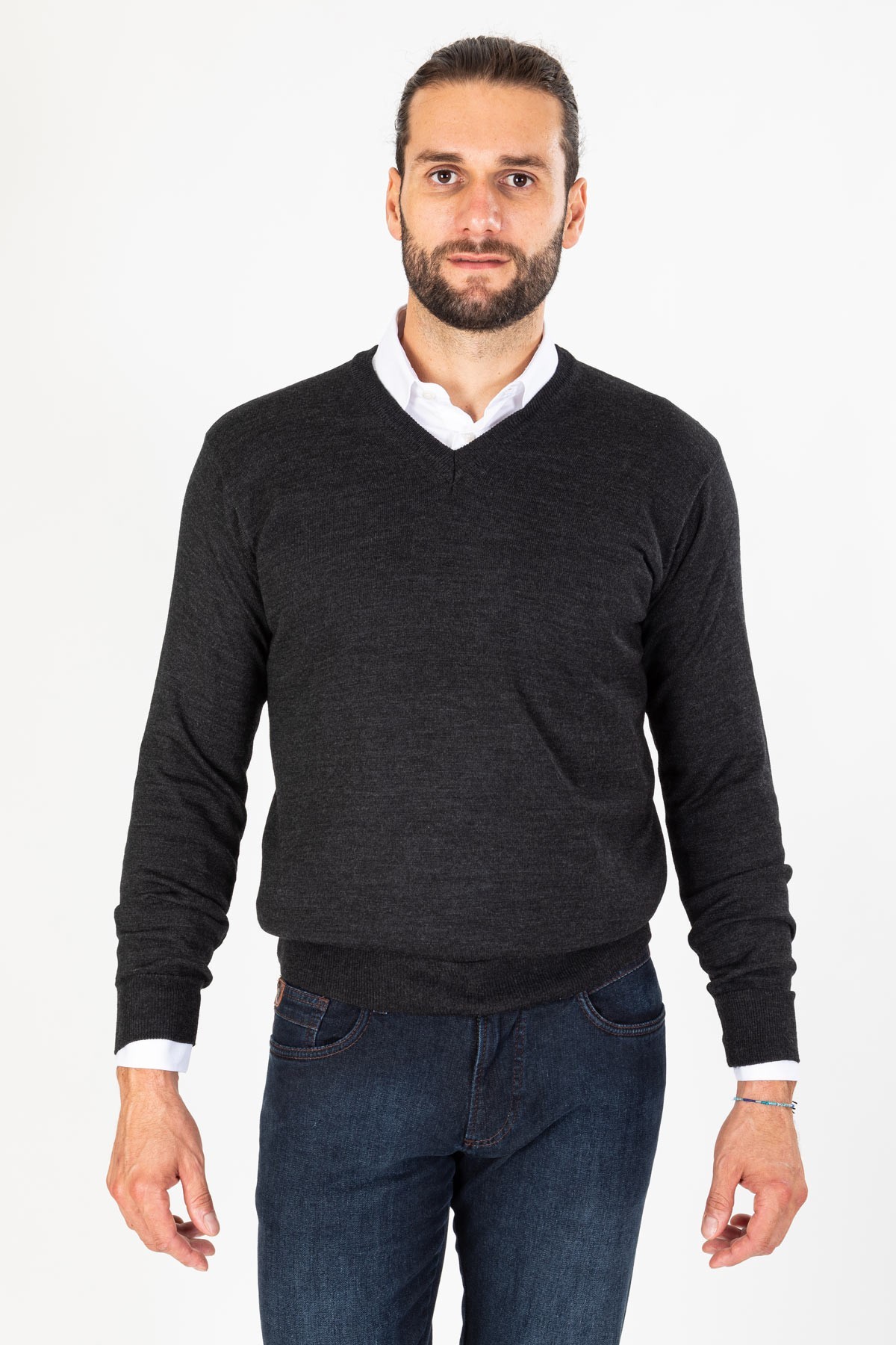 Pull homme col V anthracite en laine merinos coupe reguliere - bayard